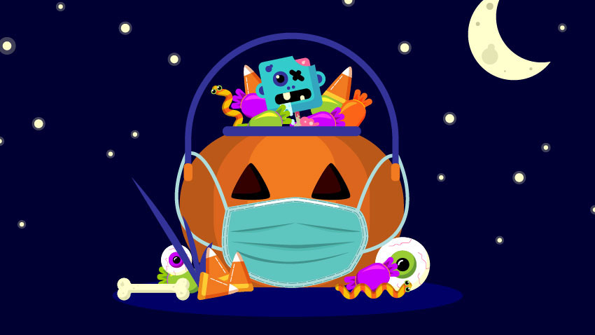 cartoon pumpkin and treating wearing mask for Halloween during a pandemic